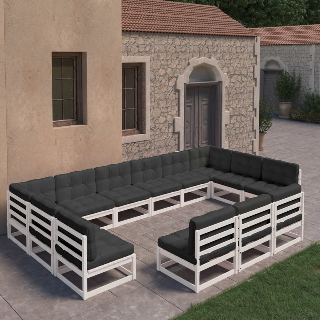 13-tlg. Garten-Lounge-Set mit Kissen Weiss Kiefer Massivholz